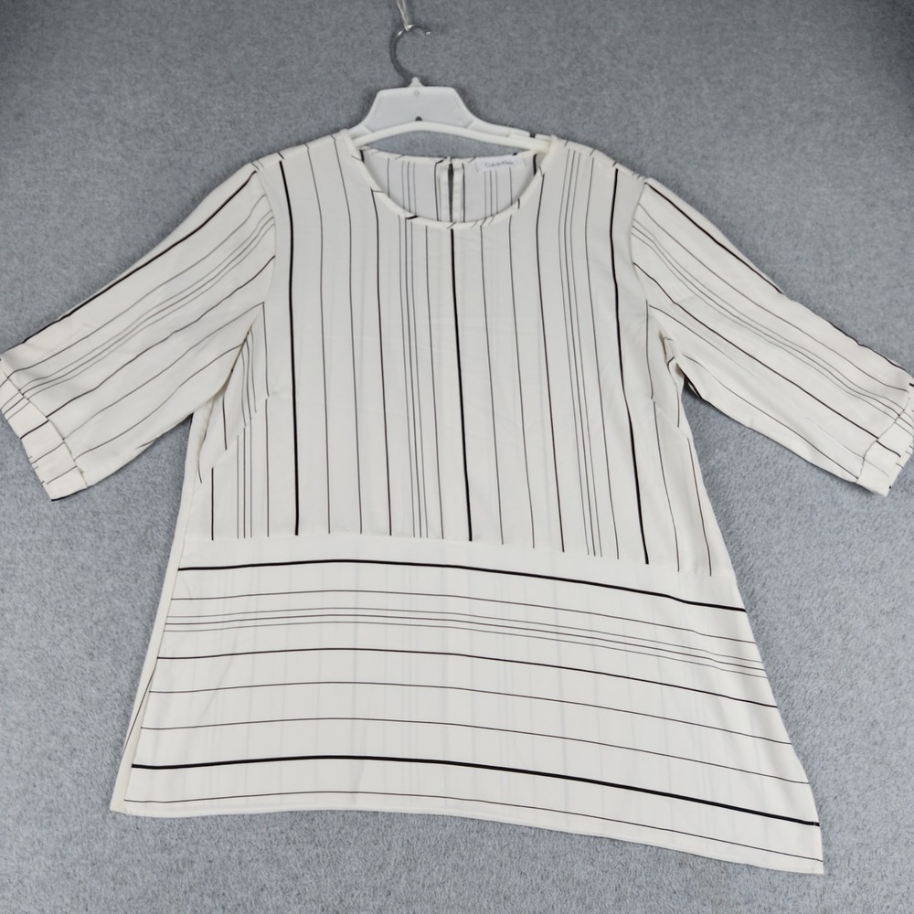 Calvin Klein Blouse Womens Large White Black Striped Modern Chic Asymmetric Hem